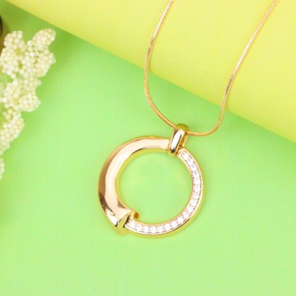 "Modern Rose Gold Circle Pendant with Half Crystal Accent Design, XPPT1256 - Picture 12 of 12